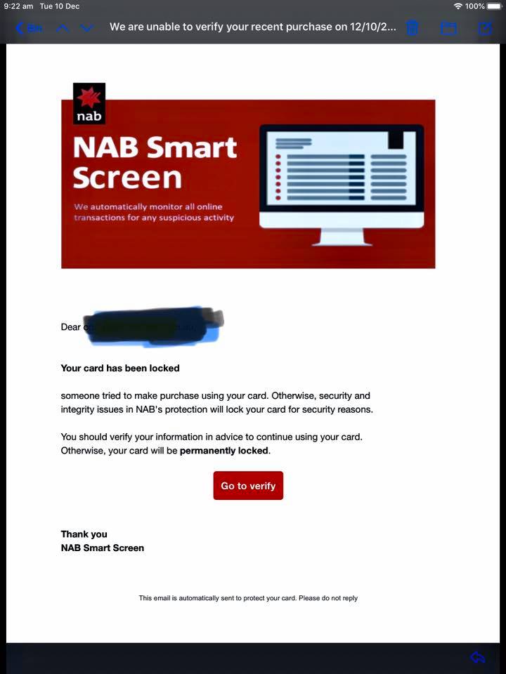 National Australia Bank (NAB) phishing email.